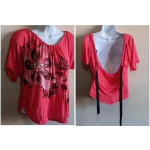 2000s Y2K Butterfly Graphic Ribbon Back Top, Pink, Annabelle Medium, USA